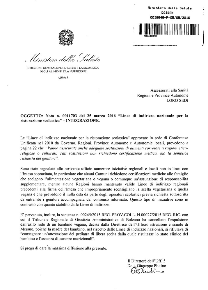 Ministero della Salute - Integrazione a nota n 0011703 del 25 marzo 2016 linee di indirizzo nazionale per la ristorazione scolastica - integrazione pro(1)_01